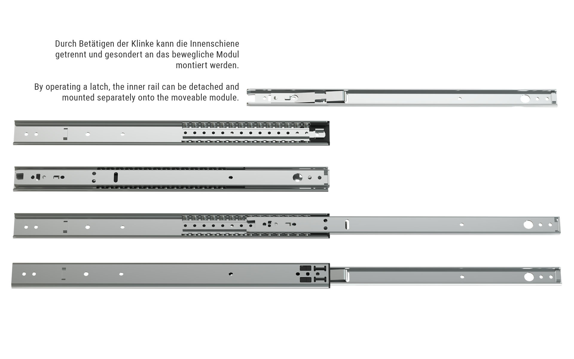 Teleskopschiene Teilauszug 016 | bis 65 kg | Trennbare Innenschiene, Aushalterung | Schock Metall CLASSIC